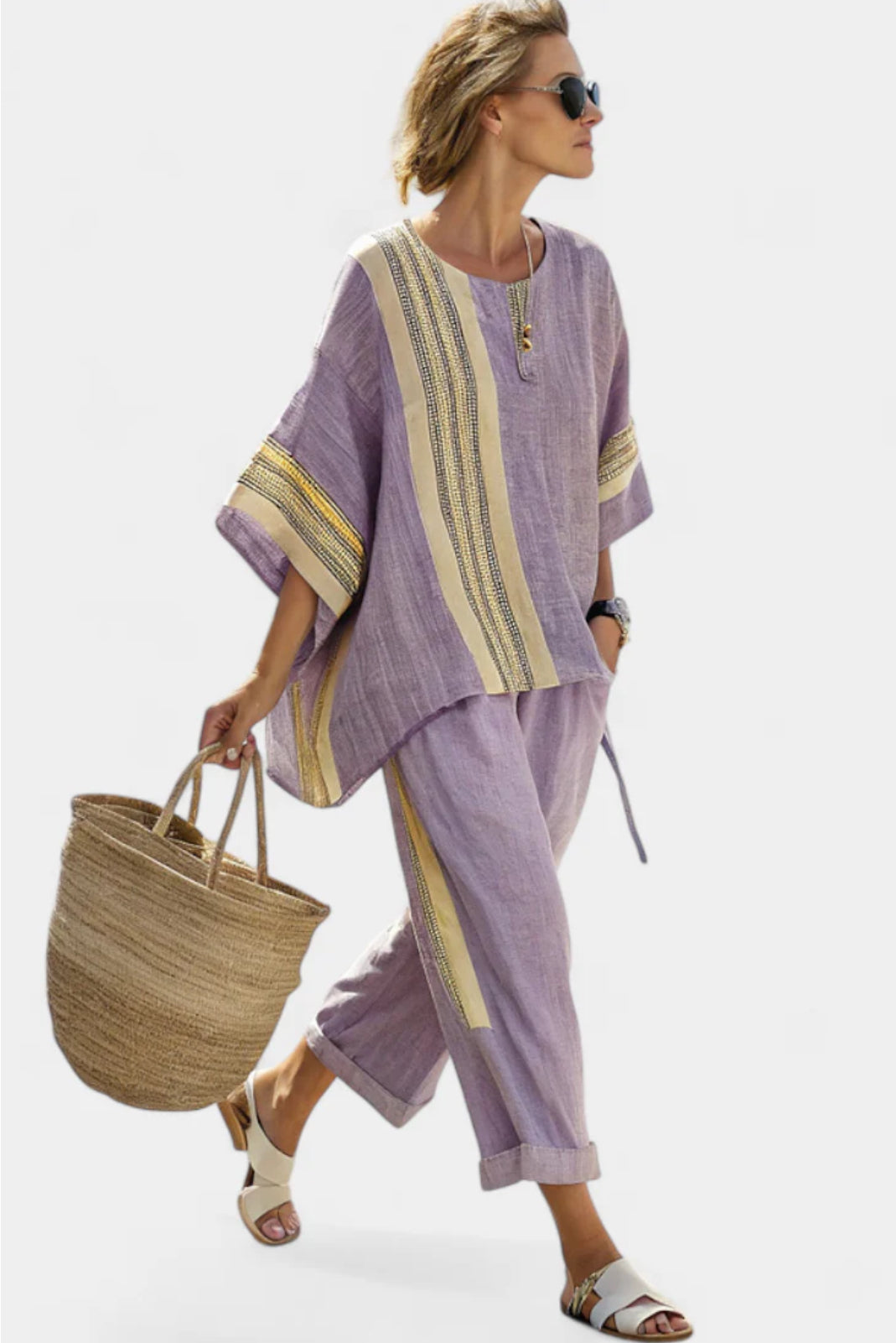 DANILA - ELEGANT LINEN TWO PIECE SET WITH STRIPED DESIGN