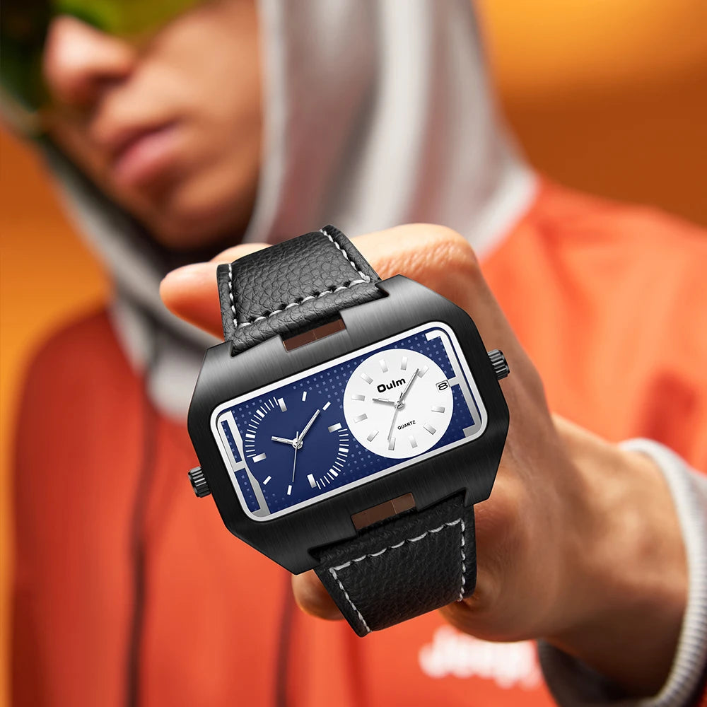 Oulm Dual-Time Leather Watch