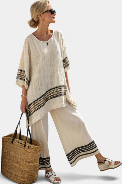 DANILA - ELEGANT LINEN TWO PIECE SET WITH STRIPED DESIGN
