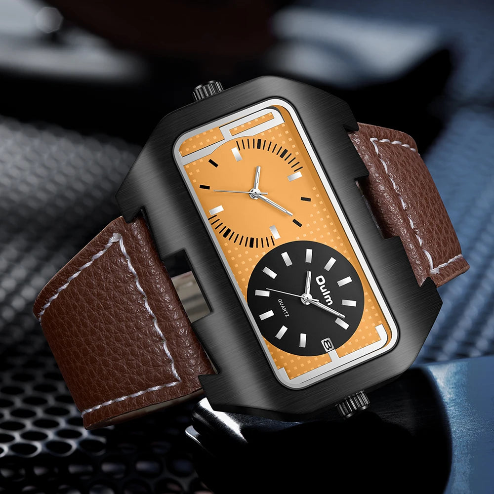 Oulm Dual-Time Leather Watch