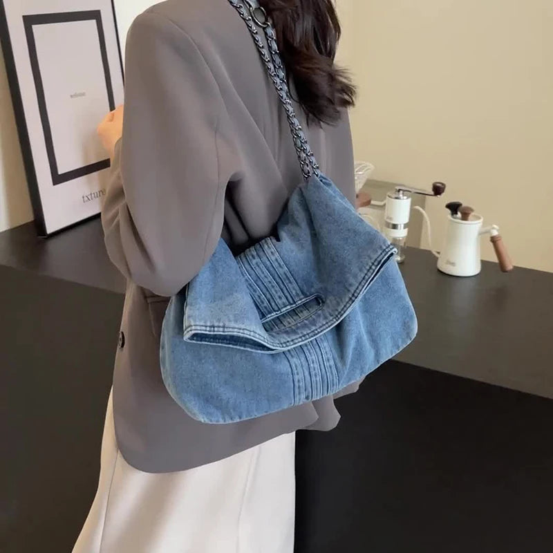 Dalia – Denim Chain Shoulder Bag with Spacious Interior