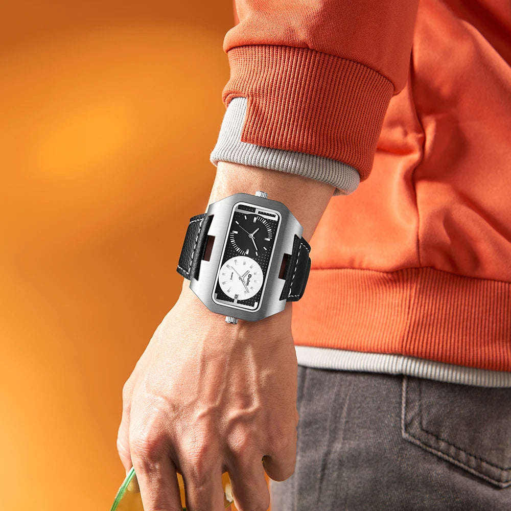 Oulm Dual-Time Leather Watch