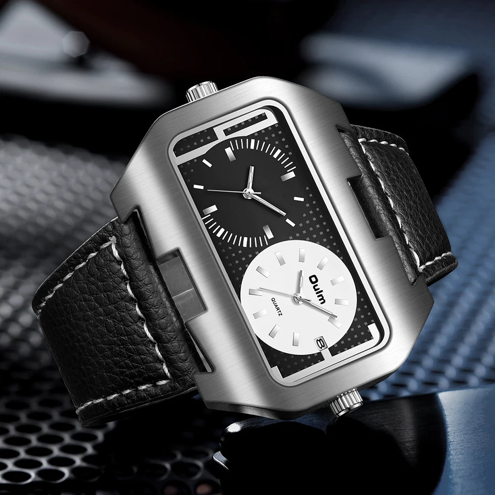 Oulm Dual-Time Leather Watch