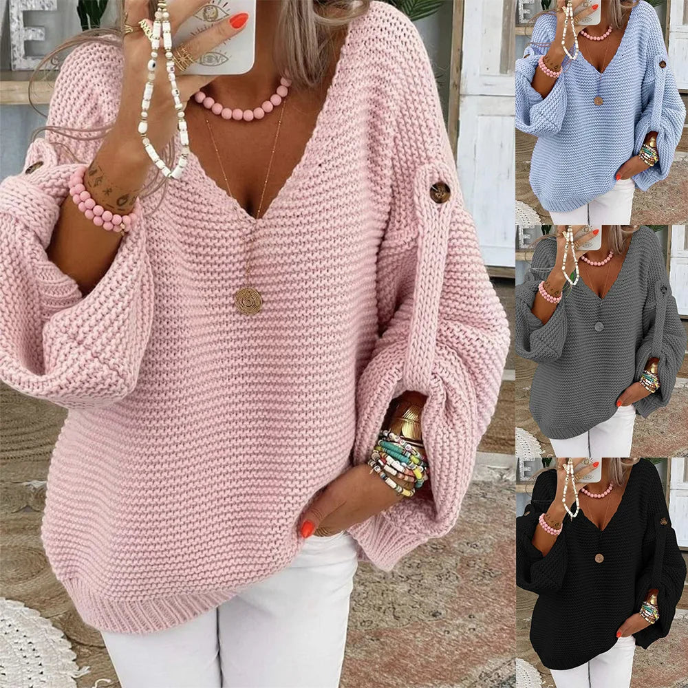 Lirenne V-Neck Button Knit Jumper