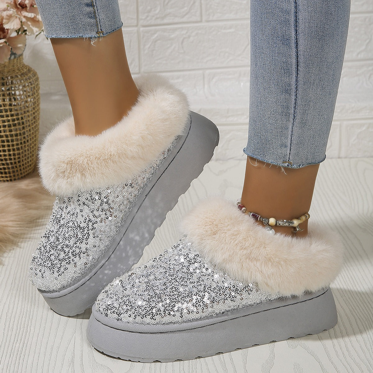 Aurevoir Crystal-Fur Platform Boots