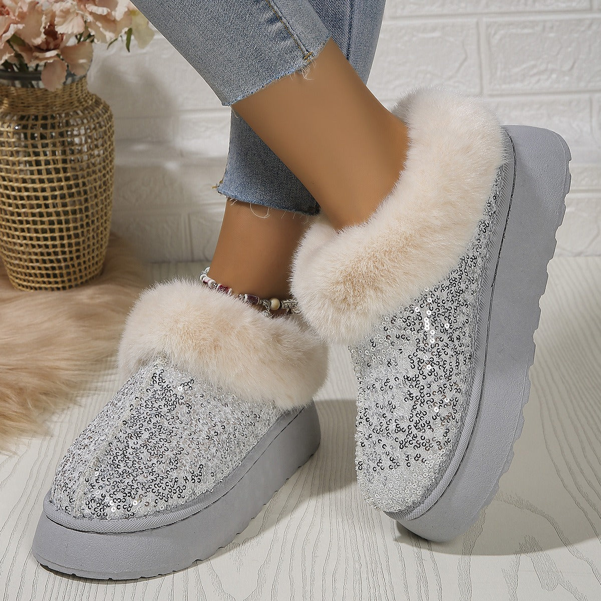 Aurevoir Crystal-Fur Platform Boots