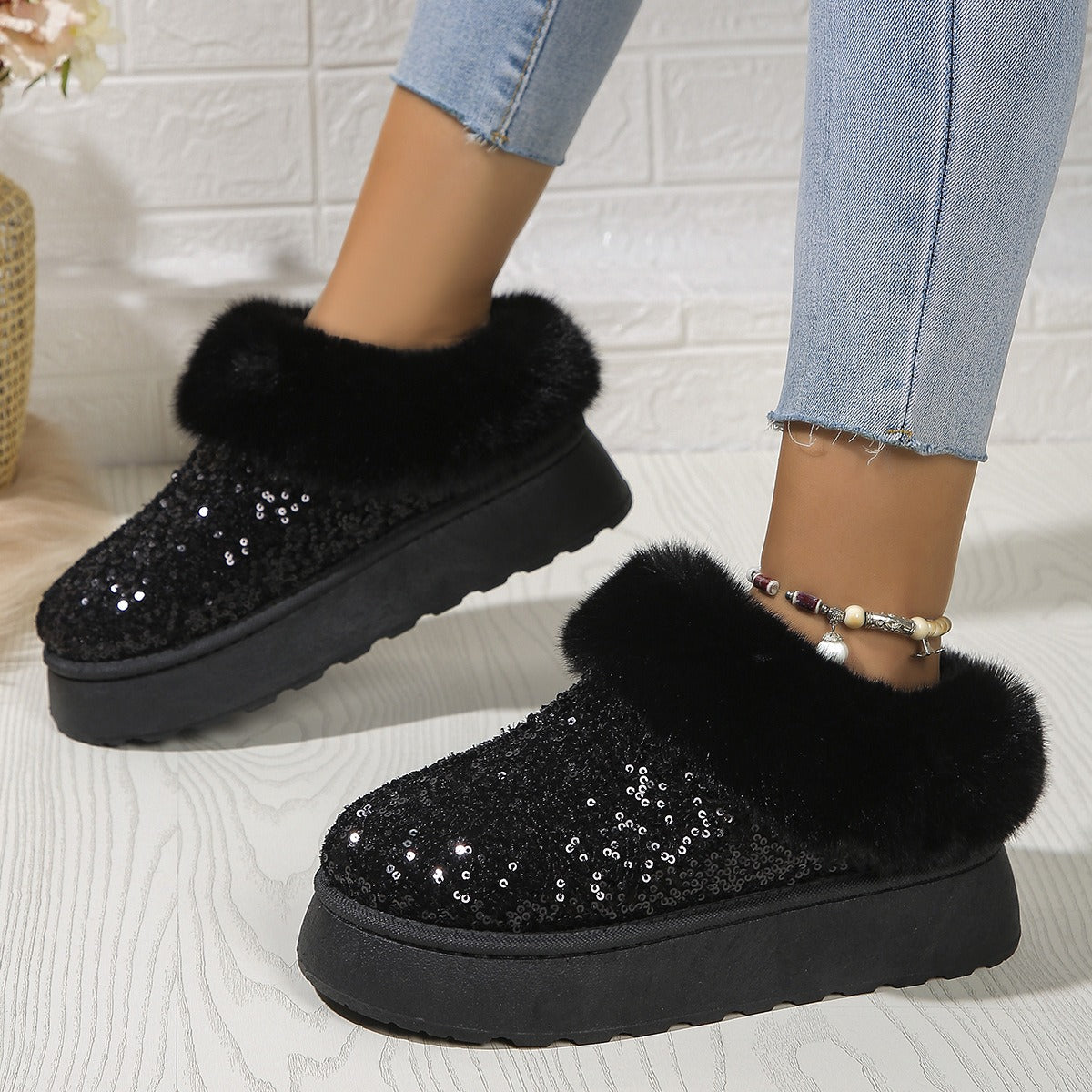 Aurevoir Crystal-Fur Platform Boots