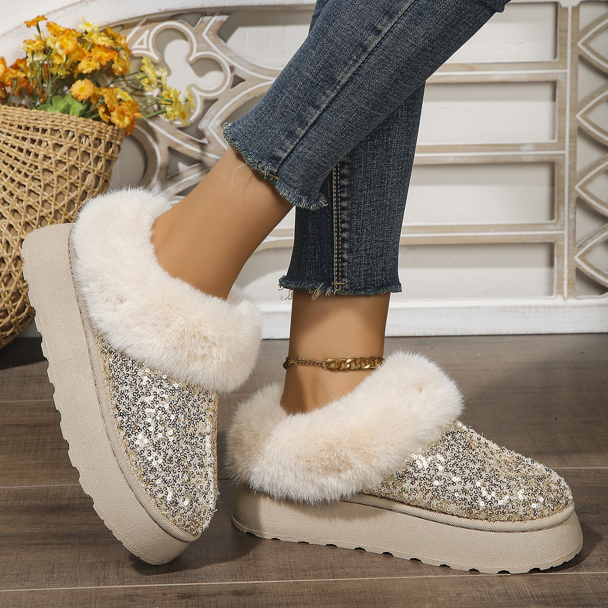 Aurevoir Crystal-Fur Platform Boots